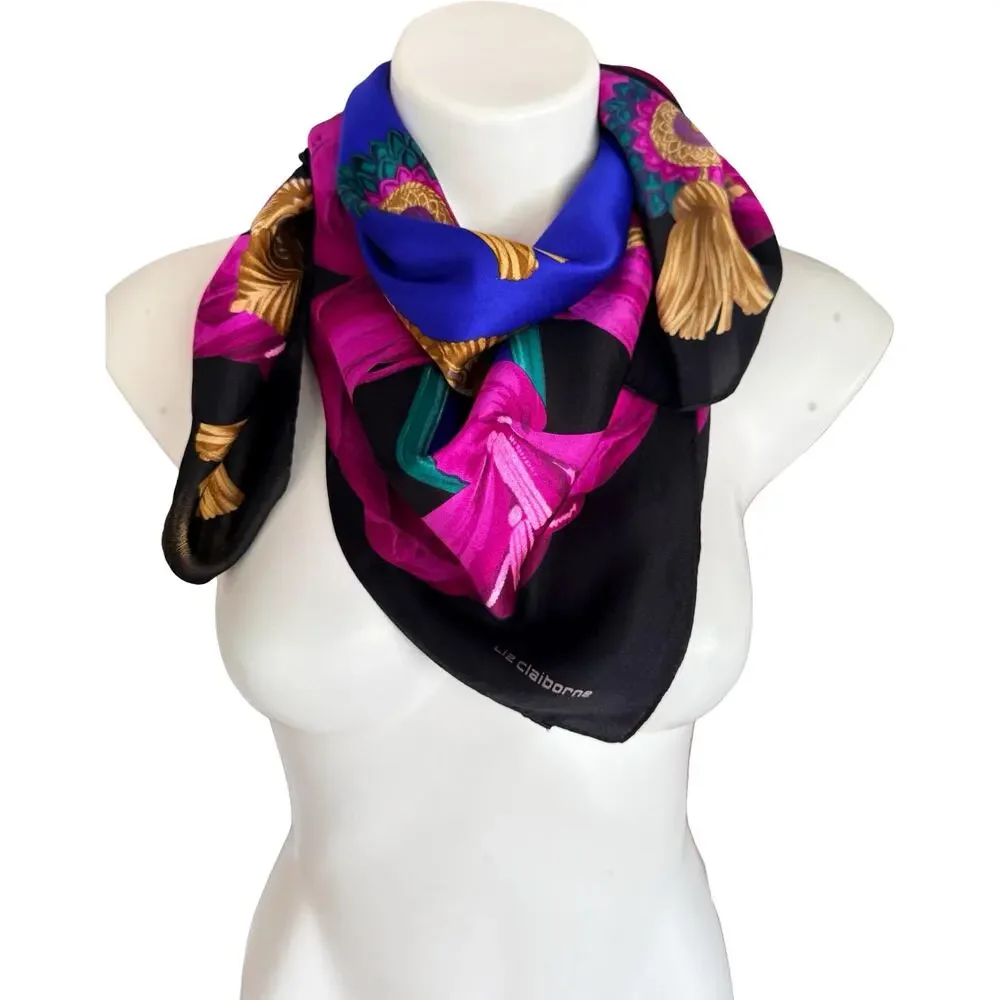 Vintage Liz Claiborne 1990s Silk Jewel Tone Tassel Medallion Scarf 31 x 31